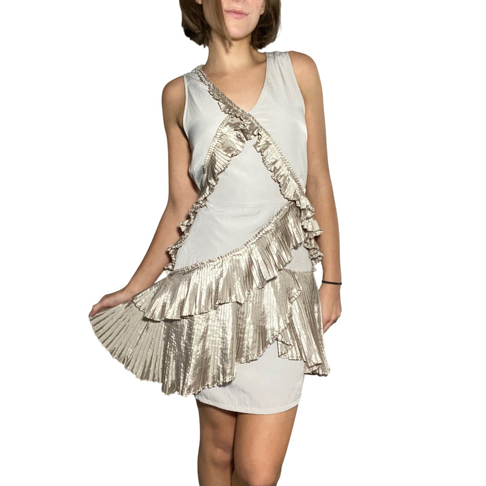 GAP Girly Satin Ruffle Champagne Mini Dress Asymmetric Pleated Tie Back - Size 2